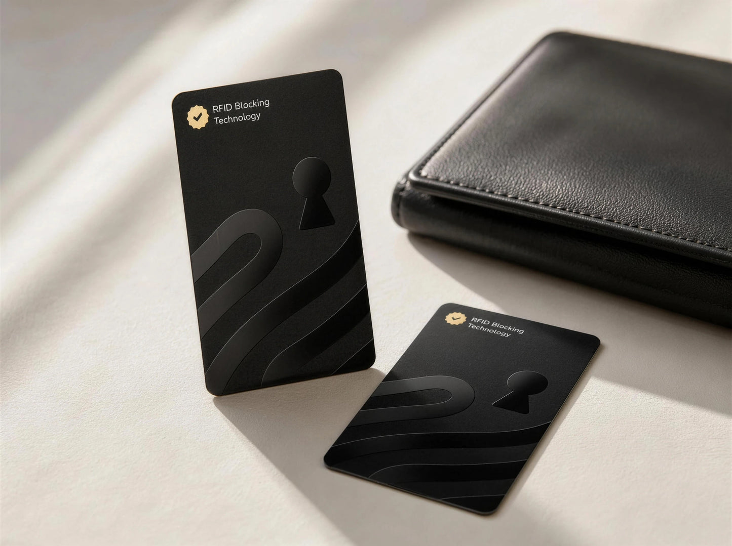 Guardality RFID and NFC blocking cards beside an everyday wallet