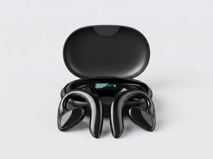 SonaBuds open-ear translation earphones in front of their charging case