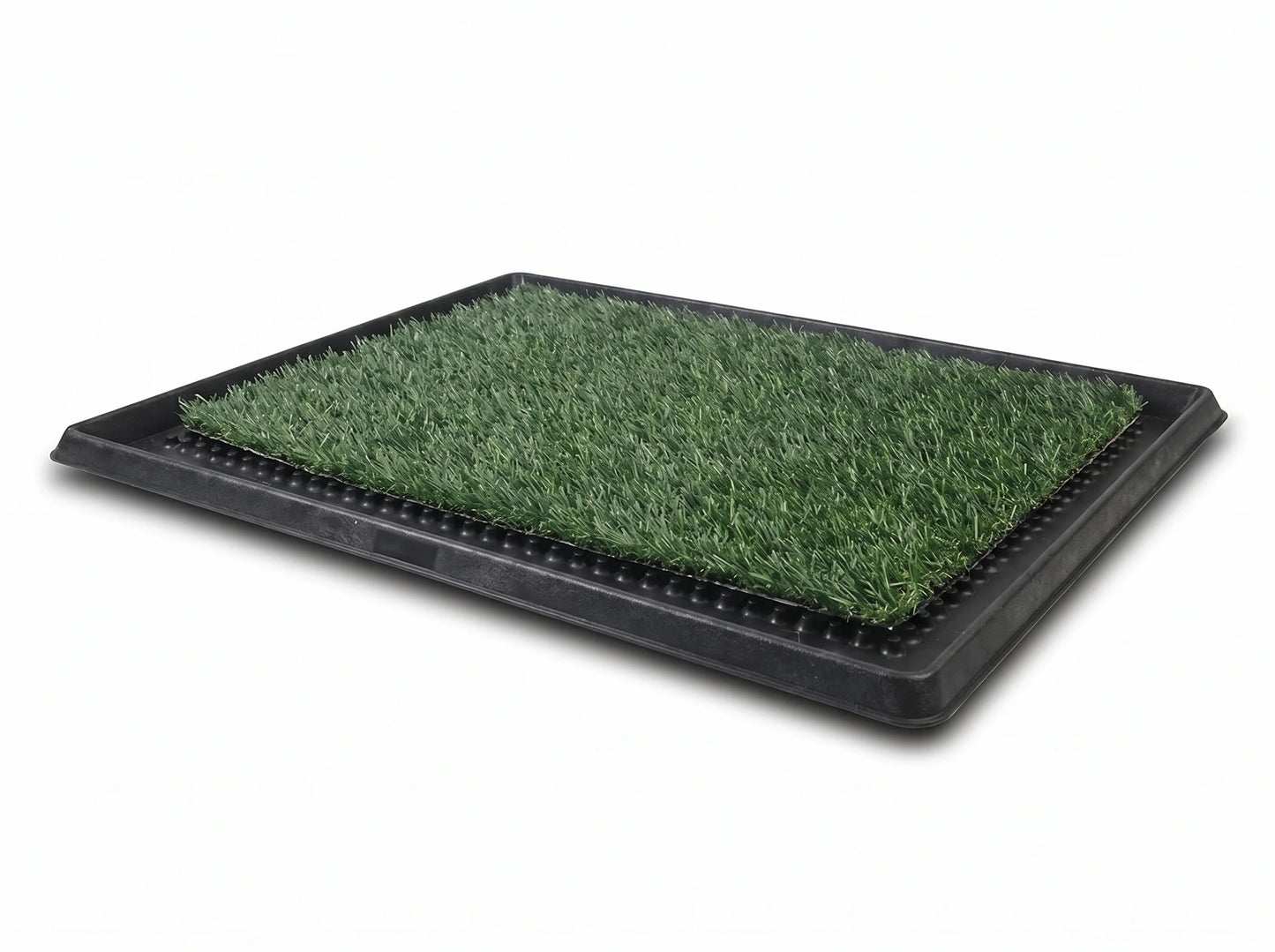 Turfio Indoor Dog Potty — Washable collection tray under washable synthetic turf, with a splash wall — no drainage bag, no subscription, nothing to rebuy