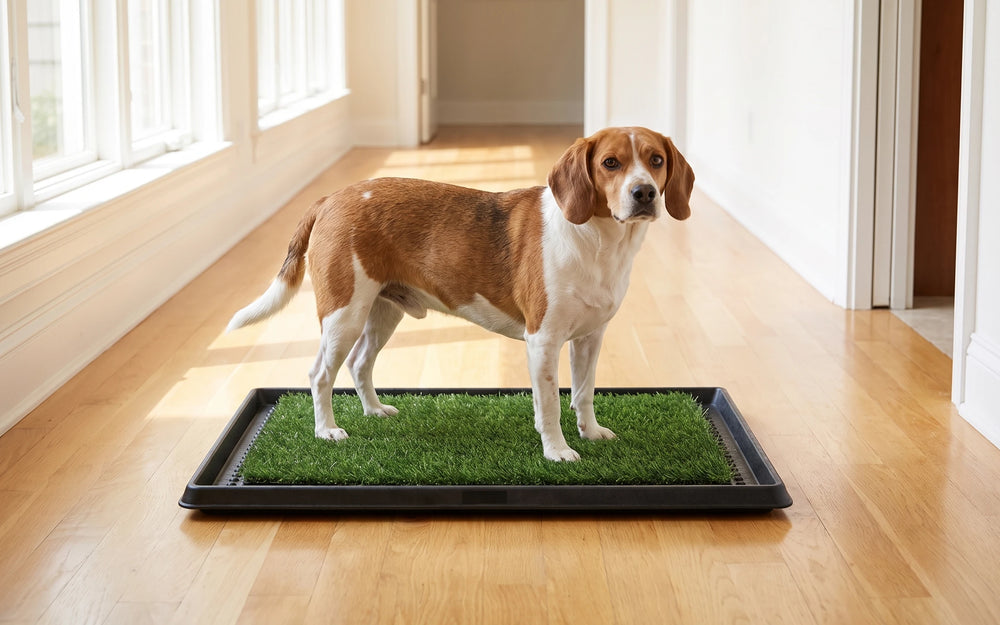 A medium dog standing squarely on the turf with clear margin around every paw